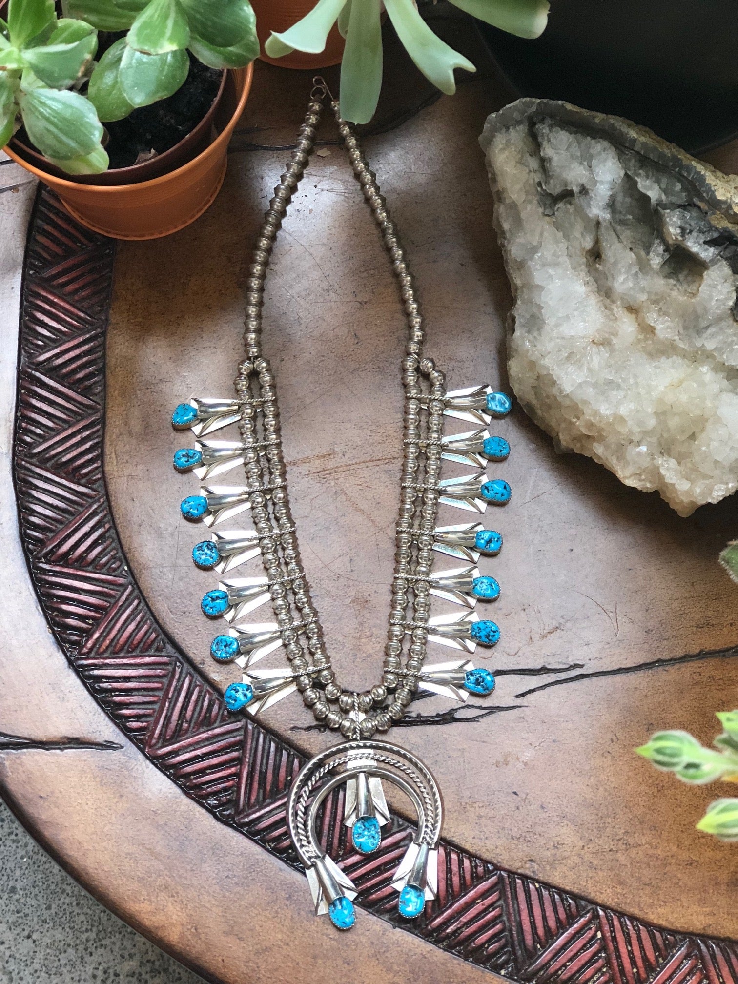 Navajo Lenora Garcia Small Turquoise and Sterling Silver Squash Blossom  Necklace and Earring Set